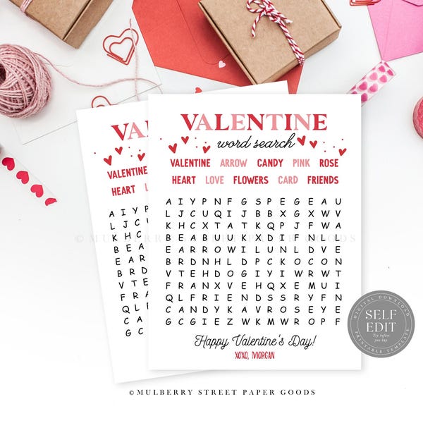 Word Search Valentine Card Printable Valentine Game Non Candy Gift Valentine's Day Party Favor Classroom Valentine Kids Activity Corjl