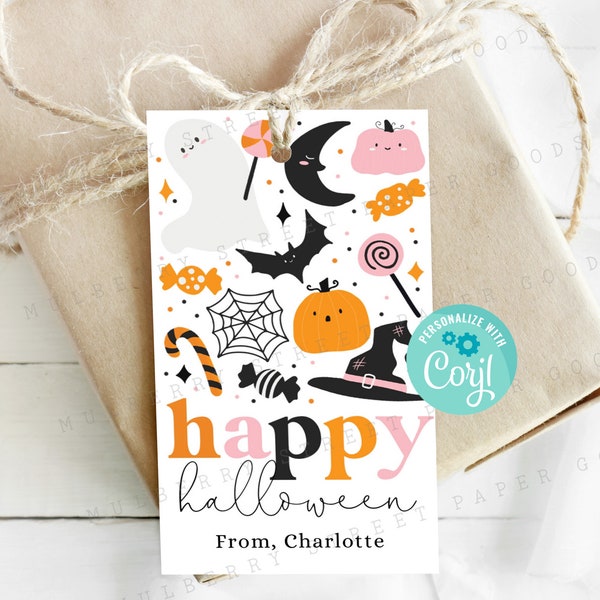 Printable Happy Halloween Treat Tag, Halloween Party Gift Tag, Personalize with Corjl, Instant Download, Cute Halloween Tag
