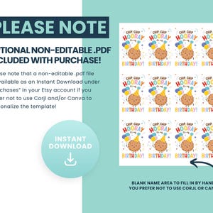 Op de afbeelding: Een digitale download sjabloon met een turquoise achtergrond. De sjabloon bevat verjaardagskaarten met een stripfiguur, ballonnen en de woorden "Chip Chip Hooray Birthday!". De tekst "Please Note" en "Instant Download" zijn ook zichtbaar.