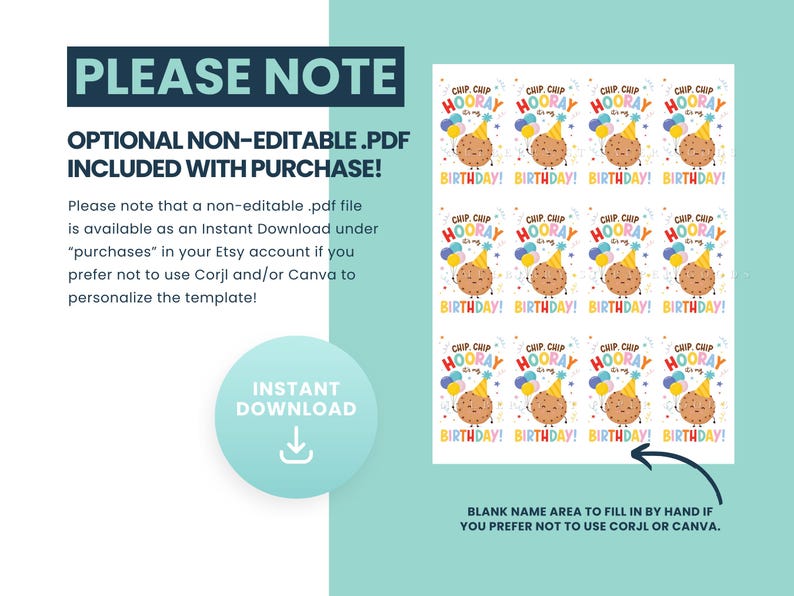 Op de afbeelding: Een digitale download sjabloon met een turquoise achtergrond. De sjabloon bevat verjaardagskaarten met een stripfiguur, ballonnen en de woorden "Chip Chip Hooray Birthday!". De tekst "Please Note" en "Instant Download" zijn ook zichtbaar.