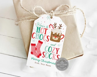 Etiqueta de regalo de chocolate caliente navideño imprimible, descarga digital, plantilla de Canva, etiquetas de recuerdo de fiesta de chocolate caliente navideño, Corjl