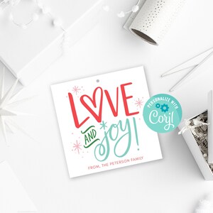 Etiqueta de regalo navideña con mensaje "Amor y alegría" para imprimir, descarga instantánea, etiqueta de regalo navideña personalizada, edición con Corjl