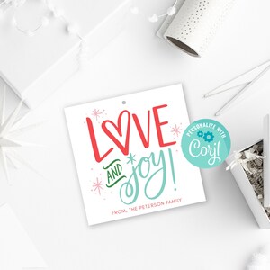 Printable Love and Joy Christmas Gift Tag, Instant Download, Personalized Holiday Gift Tag, Edit with Corjl