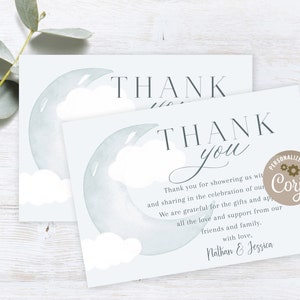 Druckbare Crescent Moon Babyparty Dankeskarte, Personalisieren mit Corjl, Sofortiger Download PDF, Baby Geschenk Dankeskarte