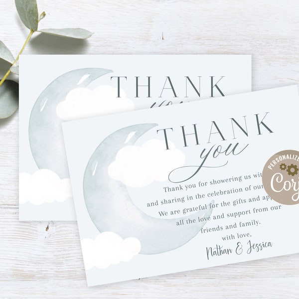 Printable Crescent Moon Baby Shower Thank You Card, Personalize with Corjl, Instant Download PDF, Baby Gift Thank You Card