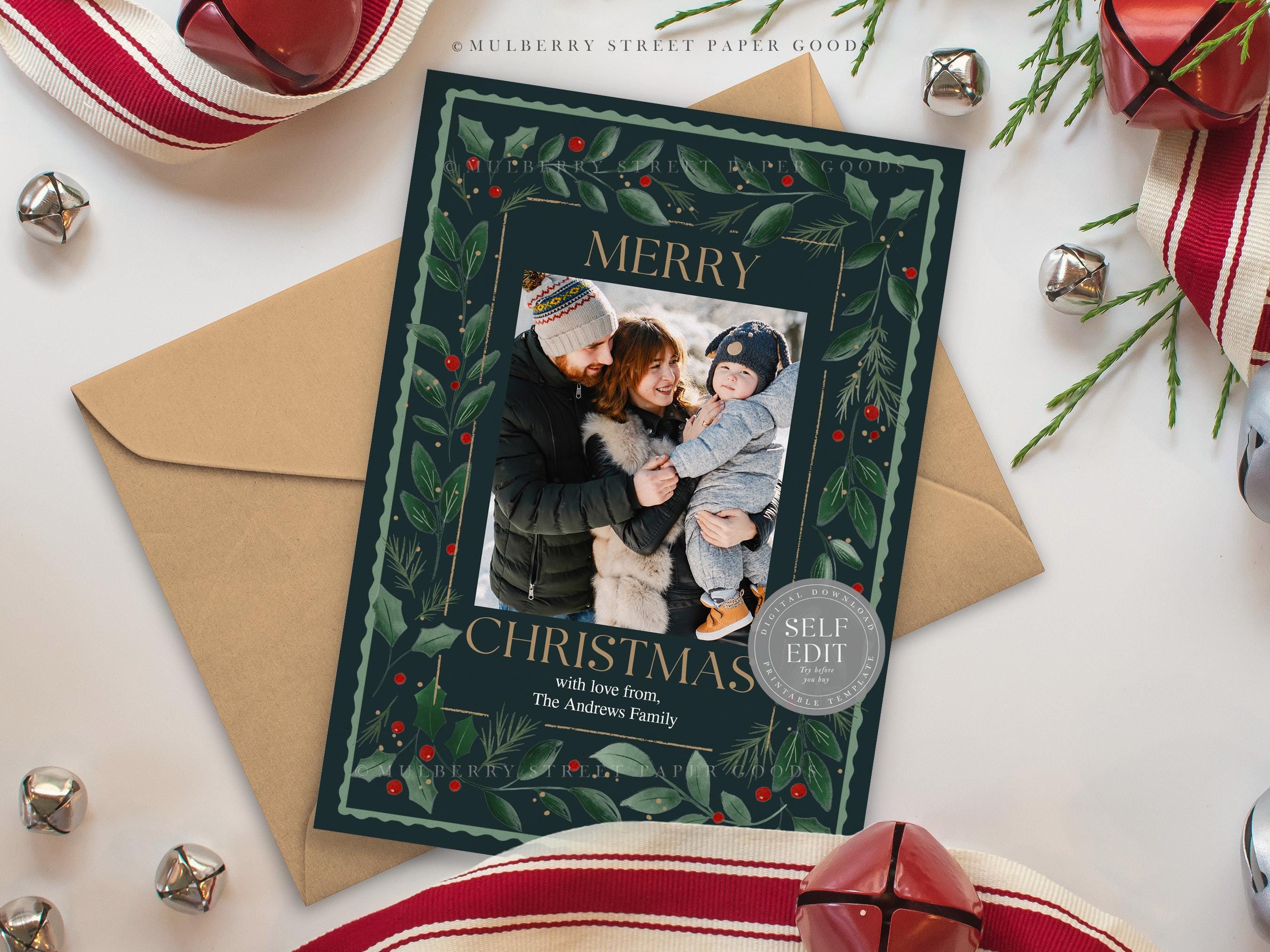 Editable Christmas Card Printable Digital Download Green Red Watercolor ...