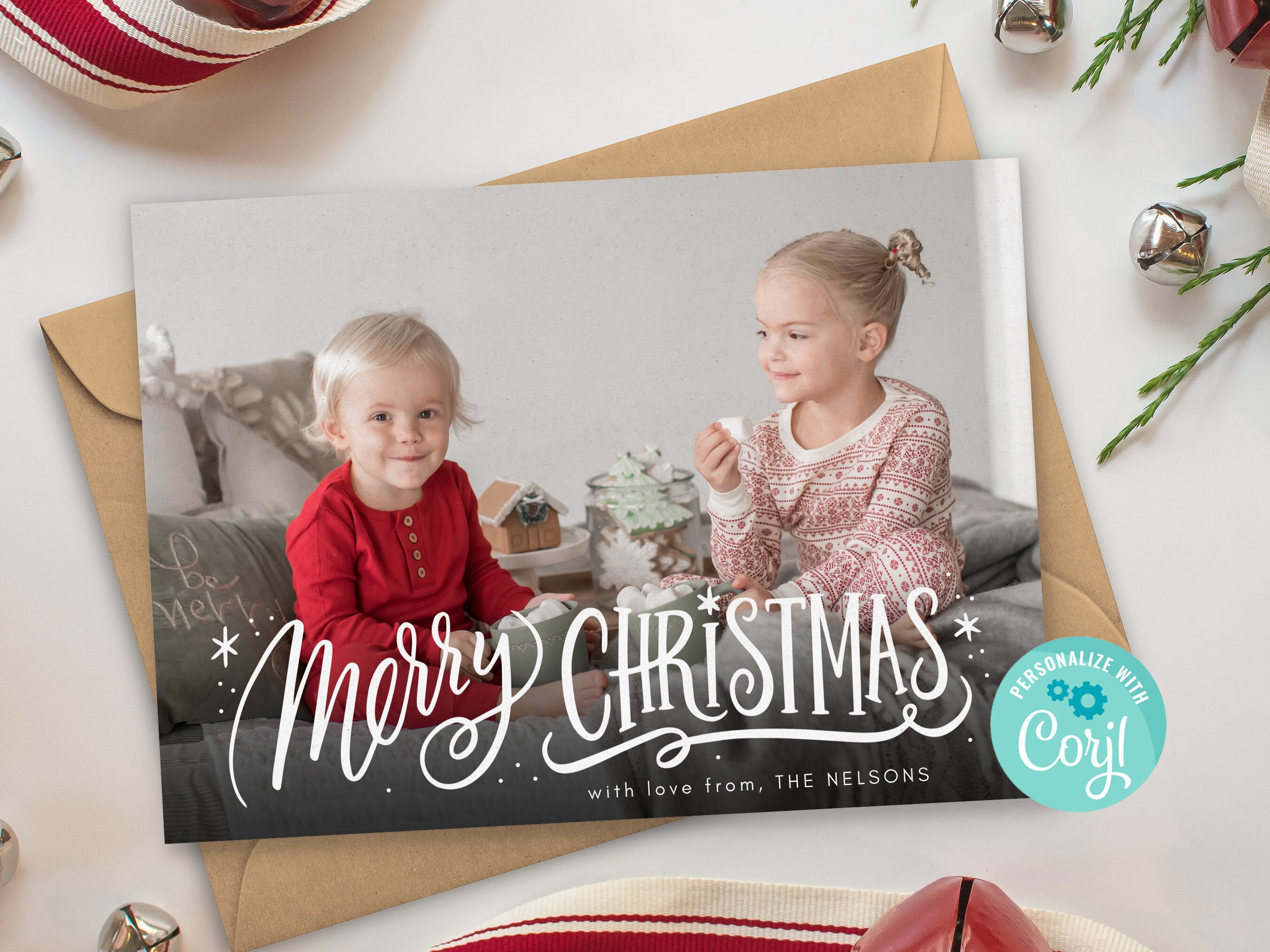 Editable Christmas Card Template, Family Holiday Photo Card, Personalize with Corjl, Digital Christmas Card, Two Sided 5x7, Handlettered