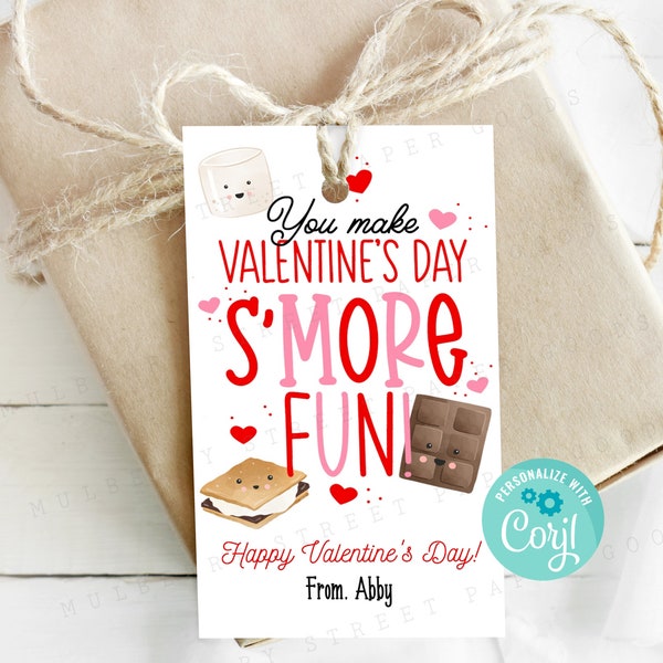 Printable You Make Valentine's Day S'more Fun Gift Tag, School Valentine Treat, S'more Valentine Card Printable, Personalize with Corjl