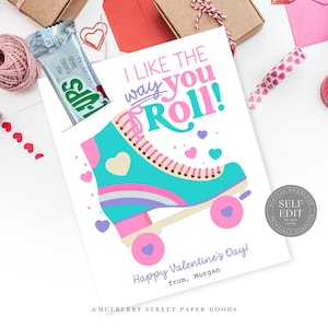 Plantilla de Canva para tarjeta de San Valentín con patines, imprimible, para fiesta de cumpleaños, para niños, con rollos de frutas, para el aula, San Valentín