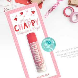 Cartão de Dia dos Namorados XL para impressão Chappy, protetor labial para download instantâneo Valentine, cartão de dia dos namorados para sala de aula para alunos, editável, Corjl