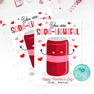 Tarjeta imprimible con texto "Feliz día de San Valentín" en forma de lata de refresco, regalo de intercambio de San Valentín para el aula, descarga instantánea, descargable, personaliza con Corjl