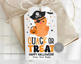 May include: A Halloween-themed gift tag featuring an orange duck wearing a pirate hat and eye patch, holding a pumpkin basket. The tag reads "QUACK OR TREAT" with "HAPPY HALLOWEEN!" and space for a name. Stars and a bat decorate the tag.