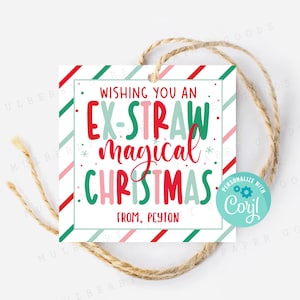 Etiqueta de regalo navideña mágica con forma de pajita para imprimir, regalo de Navidad para el aula escolar, etiqueta de regalo para fiestas navideñas, personalice con Corjl
