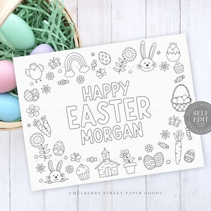 May include: A black and white printable coloring page with the text "Happy Easter Morgan" surrounded by Easter-themed illustrations, including bunnies, eggs, carrots, flowers, and a church.