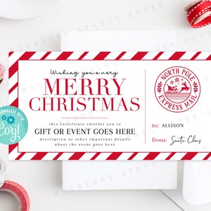 Certificado de regalo personalizable de Feliz Navidad para imprimir, personalizar con Corjl, certificado de regalo de Navidad de 4 x 8 para imprimir
