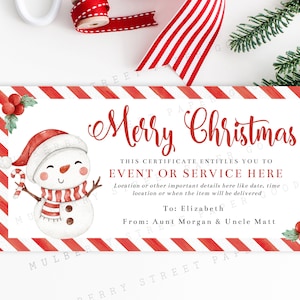 Editable Christmas Gift Certificate Canva Template Snowman Gift Voucher Custom Gift Card Printable Personalized Custom Certificate Corjl