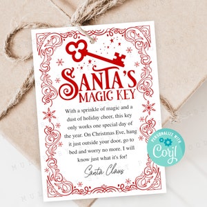 Carte d'instructions de la clé magique du père Noël imprimable, étiquette de clé magique du père Noël modifiable, instructions à personnaliser avec corjl, boîte de réveillon de Noël