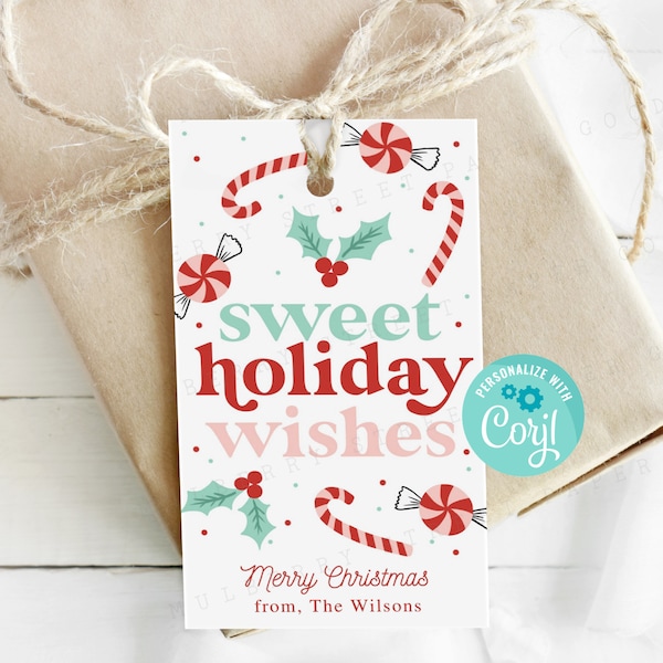 Printable Sweet Holiday Wishes Gift Tag, Christmas Treats Favor Bag Tag, Christmas Sweets Gift Tag, Personalize with Corjl