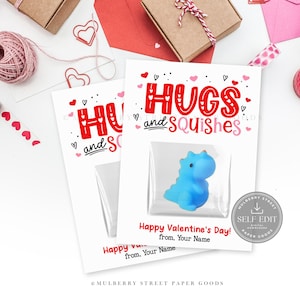 May include: Valentine's Day cards with the words "Hugs and Squishes" in red and pink. Each card has a blue dinosaur toy in a clear plastic bag. The cards are surrounded by gift boxes, tape, and heart-shaped decorations.