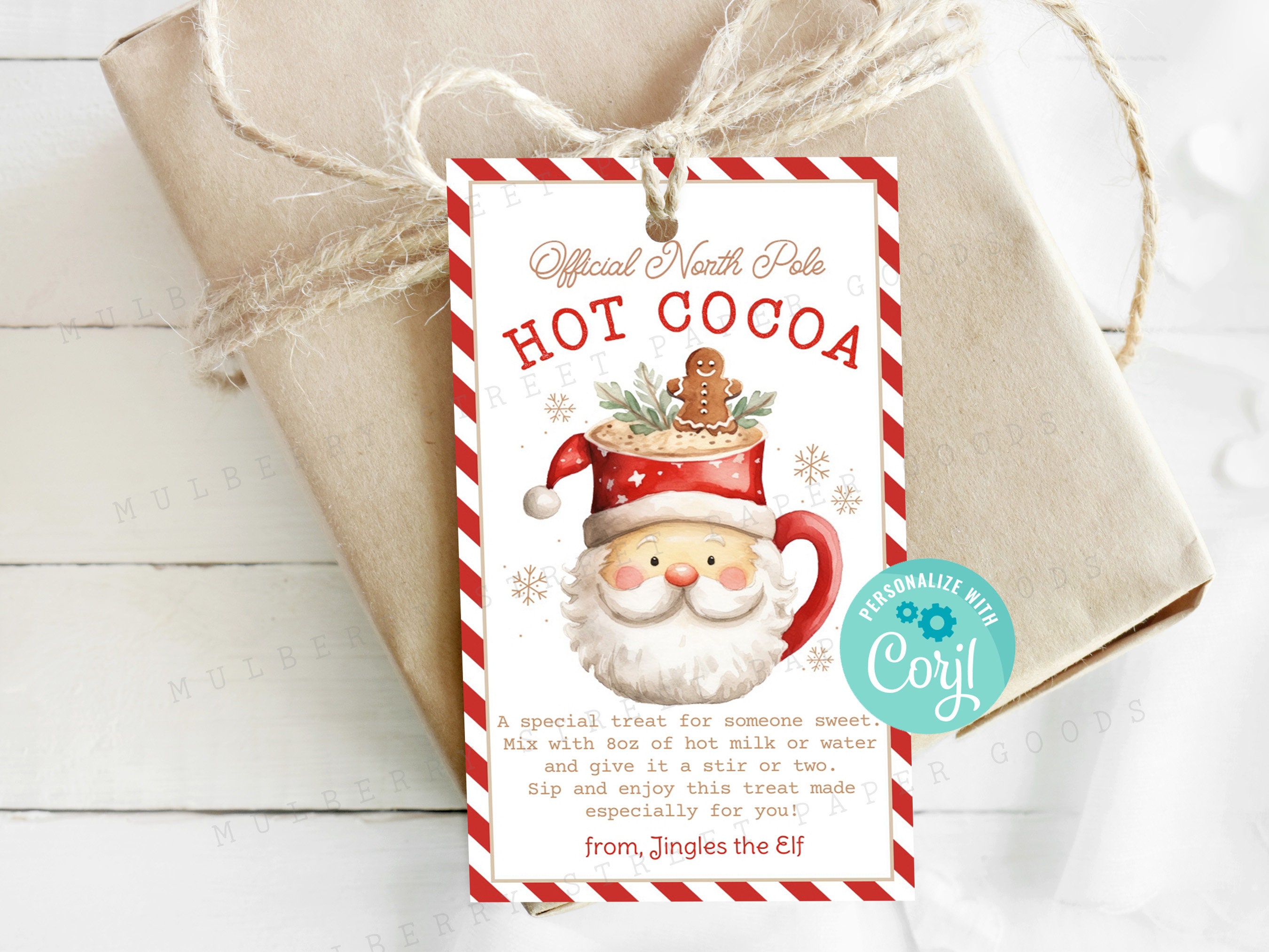 Official North Pole Hot Cocoa Mix Instructions Gift Tag Printable, Santa Hot Chocolate Christmas Treat Tag, Personalize with Corjl