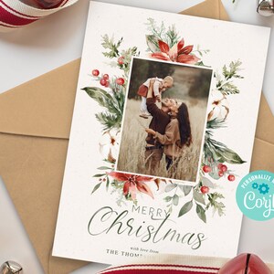 Biglietto fotografico di Buon Natale stampabile, biglietto di buone feste, biglietto di Natale fai da te, personalizza con Corjl, verde, download immediato