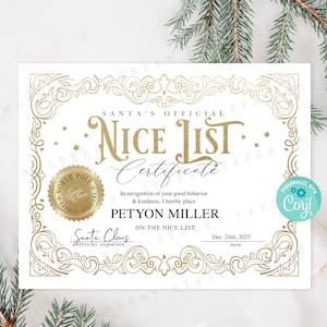 Certificato ufficiale della lista dei buoni del Polo Nord stampabile, documento scaricabile personalizzabile della lista dei buoni ufficiale di Babbo Natale, personalizza con Corjl