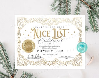 Puede incluir: Un certificado imprimible dorado y blanco con un borde decorativo. El certificado dice "Lista Oficial de Santa Claus - Certificado" e incluye el texto "En reconocimiento de tu buen comportamiento y amabilidad, te coloco por este medio en la Lista de los Buenos." El certificado está firmado por "Santa Claus" y fechado el "24 de diciembre de 2023".