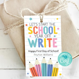 Lassen Sie uns das Schuljahr beginnen mit dem Schreiben, Willkommen zurück in der Schule, Bleistift Geschenkanhänger, Ersttagsgeschenk, Sofortdownload, Personalisieren mit Corjl