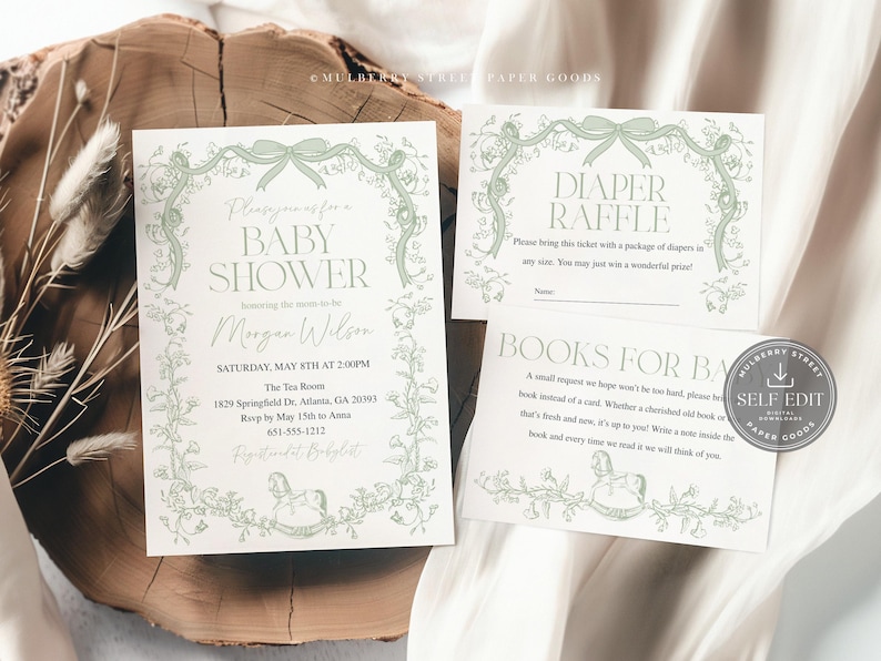 May include: Baby shower invitations and inserts with a floral and bow design in soft green. The invitation includes the text "Baby Shower" and event details. The inserts include a diaper raffle and a request for books.