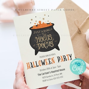 May include: Halloween party invitation with a black cauldron design and the words "Just a Bunch of Hocus Pocus." The invitation includes party details: date, time, location, and RSVP information. The invitation is on a cream-colored background.