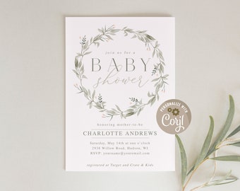 Petite Blooms Wreath Baby Shower Invitation Template, Editable Baby Shower Invite, Personalize with Corjl
