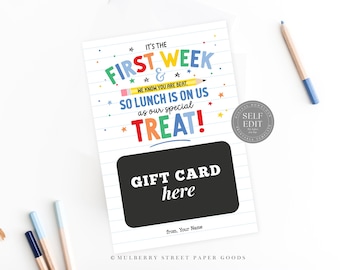 First Day Of School Gift Card Holder Printable Canva Template Lunch Is On Us Teacher Gift Digital Download Back To School Staff PTO Gift
