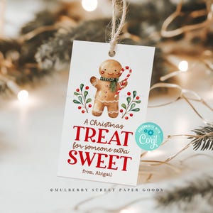 May include: A white gift tag with a gingerbread man illustration and the text "A Christmas Treat for someone extra Sweet from. Abigail" and "PERSONALIZE with Coryl".