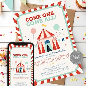 Könnte beinhalten: Geburtstagseinladung im Zirkus-Design mit dem Text "COME ONE, COME ALL!" und "PEYTON'S 5TH BIRTHDAY". Das Design umfasst ein rot-weiß gestreiftes Zirkuszelt, Luftballons und bunte Wimpelketten. Ein Smartphone zeigt das gleiche Design.
