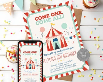 May include: A birthday party invitation with a circus theme, featuring the text "COME ONE, COME ALL!" and "PEYTON'S 5TH BIRTHDAY". The design includes a red and white striped circus tent, balloons, and bunting. A smartphone shows the same design.