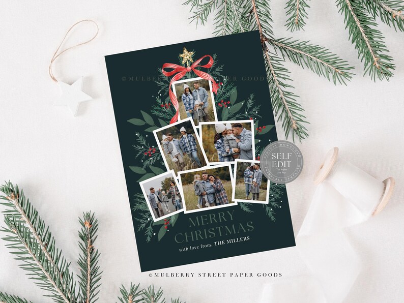 Editable Christmas Card Printable Digital Download Red Green Watercolor ...