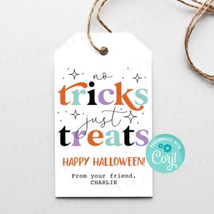 Printable No Tricks Just Treats Happy Halloween Gift Tag, Halloween Treat Bag Tag, Vertical 2x3.5 Halloween Tag Printable, Edit with Corjl