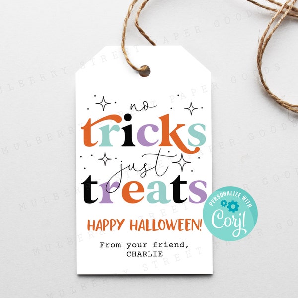 Étiquette-cadeau imprimable No Tricks Just Treats Happy Halloween, étiquette de sac Halloween Treat, verticale 2 x 3,5 étiquette Halloween imprimable, modifier avec Corjl