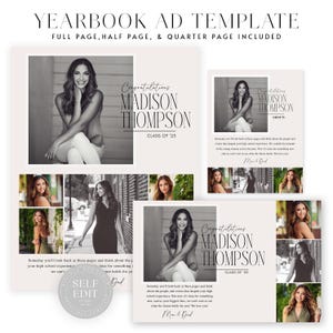 Può includere: Un modello di annuncio di annuario in bianco e nero con un collage di foto di una giovane donna. Il testo recita "Congratulazioni Madison Thompson Classe del '25".