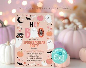 Bewerkbare uitnodiging voor Halloween-feest Halloween Hey Boo roze Halloween-uitnodiging Instant Download Spooktacular Halloween-verjaardag Ghost Corjl