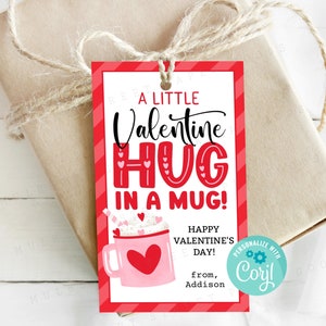 Knuffel in een mok Valentijnscadeaukaartje Afdrukbare warme chocolademelk Valentijnsdagkaart warme chocolademelk klaslokaal valentijnscadeau leraar downloadbaar Corjl