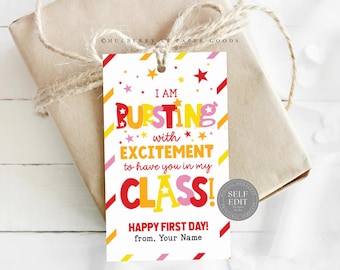 Back to School Gift Tag Canva Template Bursting With Excitement To Have You In My Class Tag Printable First Day of School Class