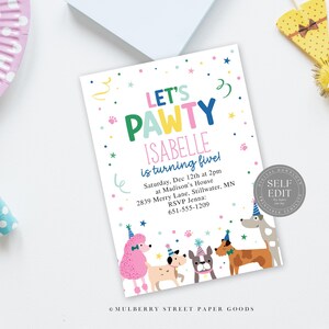 May include: A white invitation card with the text "LET'S PAWTY" in colorful letters, featuring illustrations of dogs wearing party hats. The invitation is for Isabelle's fifth birthday, with event details and RSVP information.