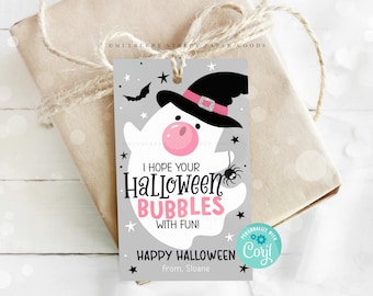 Etiqueta de regalo de Halloween con burbujas, imprimible, con forma de chicle fantasma, para fiestas de Halloween, regalo rosa para aulas escolares, descarga instantánea