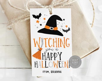May include: A white Halloween gift tag with a black witch hat, orange stars, and bats. The tag reads "Witching you a Happy Halloween!" in orange and silver lettering, with "From, Brianna" below.