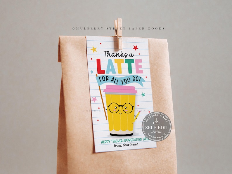 Thanks a Latte Teacher Appreciation Gift Tag Canva Template, Printable ...