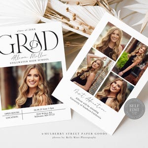 May include: A graduation announcement with a white background and black text. The announcement features a photo of a young woman in a black dress and a collage of four photos of the same woman in different poses. The text reads "GRAD" in a large, bold font, followed by the graduate's name, "Allison Miller", and the name of the high school, "Stillwater High School". The announcement also includes the date and time of the open house, the address, and the name of the photographer, "Kelly Klatt Photography".