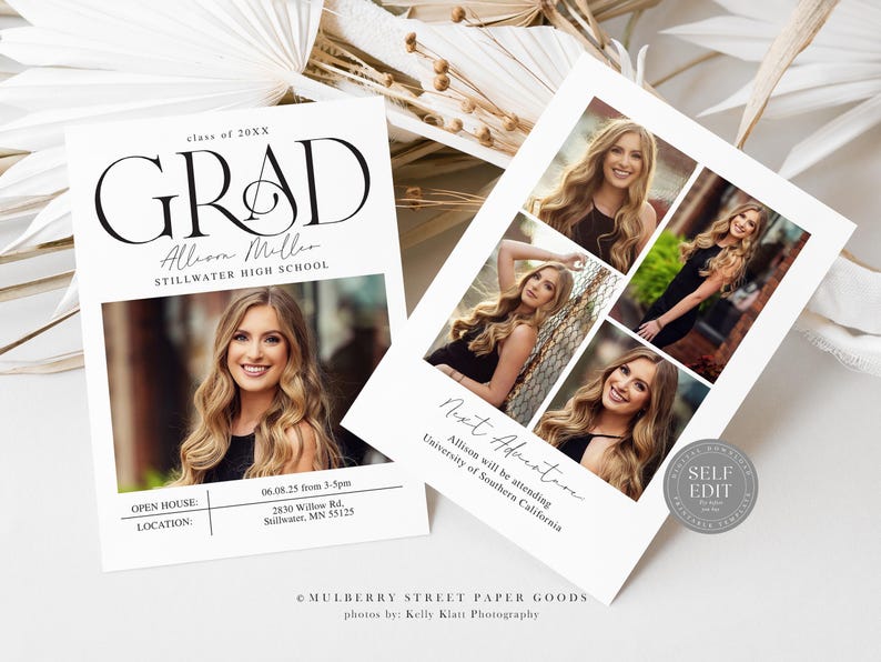 May include: A graduation announcement with a white background and black text. The announcement features a photo of a young woman in a black dress and a collage of four photos of the same woman in different poses. The text reads "GRAD" in a large, bold font, followed by the graduate's name, "Allison Miller", and the name of the high school, "Stillwater High School". The announcement also includes the date and time of the open house, the address, and the name of the photographer, "Kelly Klatt Photography".