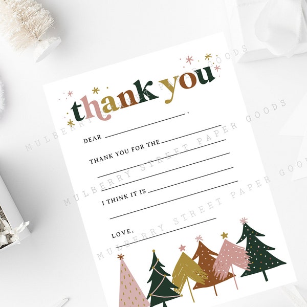 Printable Fill In Christmas Thank You Stationery for Kids, Instant Download Christmas 5x7 PDF Thank You Card, Holiday Thank You Note
