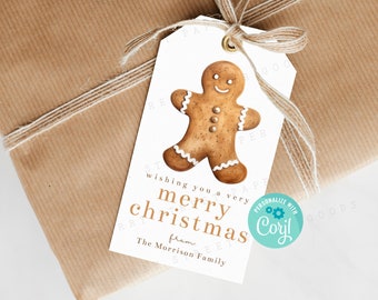 Editable Wishing You a Very Merry Christmas Gingerbread Gift Tag, Happy Holidays Printable Party Favor Tag Edit with Corjl, Instant Download